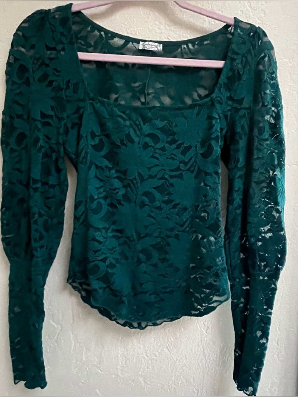 Free People Deep Teal Floral Lace Square Neck Top